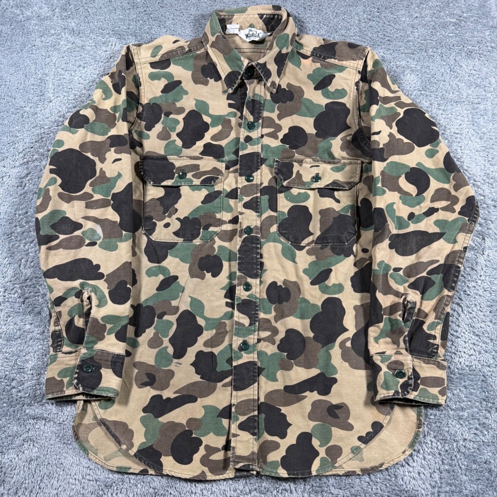Vintage 70s Woolrich Canvas Duck Hunter Camo Shirt Made in USA Size M Hunting